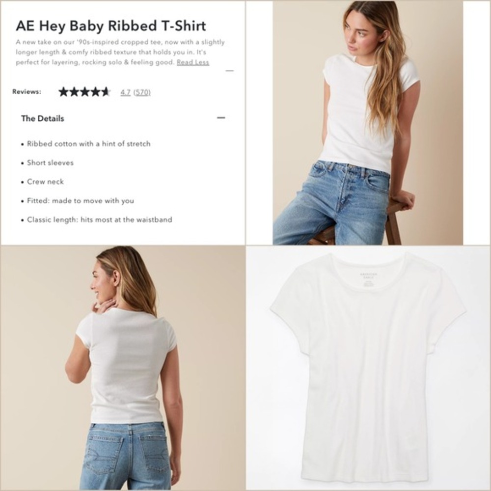 American Eagle Ribbed T-Shirt Layering Tee XL White Stretch Base Layer 90s Y2K - Picture 2 of 14